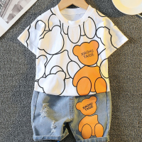 Abbigliamento estivo per bambini cartone animato stampato girocollo T-shirt neonato pantaloncini di jeans vestito per bambini a maniche corte abbigliamento per bambini tendenza all'ingrosso 1  bianca