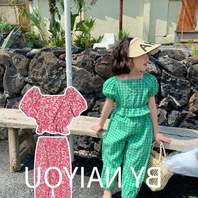 Girls suit floral plaid puff sleeve top long style 24 summer new style