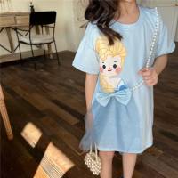 Summer Girls Casual Cartoon T-shirt Long Dress Princess Dress Short Sleeve Girls Dress Western Pearl Mesh Bowknot  Blue