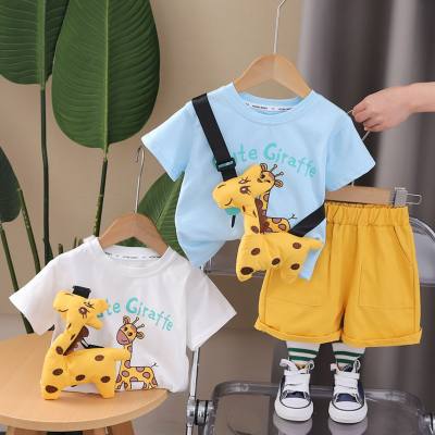 Moda verão infantil estilo de rua bolsa crossbody girafa terno de manga curta na moda verão novos meninos terno de manga curta
