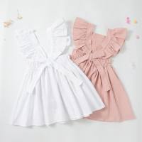 Girls sweet short-sleeved dress new summer solid color princess dress  White