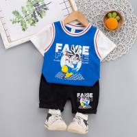 New summer short-sleeved suit for boys and girls, infants and young children, cartoon animation round neck short-sleeved shorts two-piece set trendy  Blue