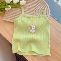 Girls' sleeveless tops cartoon embroidery knitted slim elastic vest girls' camisole candy color summer clothes  Green