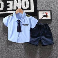 Grapefruit Bear brand design children's suit boy solid color tie air force colonel short-sleeved shorts trendy two-piece set  Blue