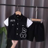 Children's Summer Suit Bear Fake Two-piece Suit Fashion Trendy Small and Medium-sized Boys' Trendy Two-piece Suit  Black