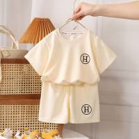 Children's men's and women's summer short-sleeved suits waffle medium and large children's casual two-piece suits for boys and girls  Beige