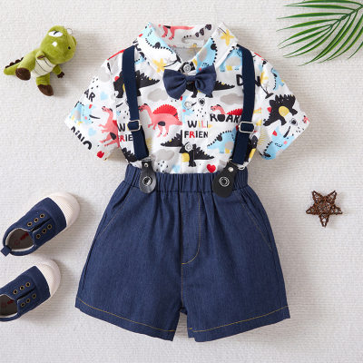 Summer boy gentleman short-sleeved shirt shorts bow tie two-piece baby British style overalls suit