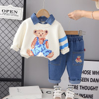 3-piece Toddler Boy Casual Cowboy Bear Print Autumnr Top & Pants With Collar And Take Off  White