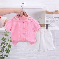 Summer Korean style girls doll collar cartoon short-sleeved shirt top solid color shorts two-piece set  Pink