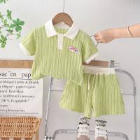 New summer suit for baby girls, two-piece vertical stripe placket shirt  Green