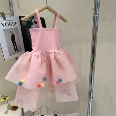 Falda para niñas, vestido de falda de princesa fresco pequeño con tirantes y bolas de piel coloridas, novedad de verano 24