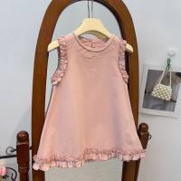 2024 Korean new style girls vest skirt summer loose thin fungus lace small children's sleeveless dress trendy  Pink