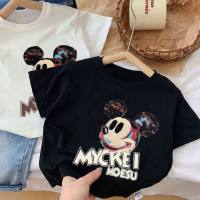 Korean version of boys and girls casual outer wear pure cotton short-sleeved T-shirt 2024 new summer children's clothing baby stylish tops trend  Black