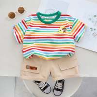 Summer cotton short-sleeved shorts boy's suit color striped children's suit casual high quality two-piece suit in stock  White