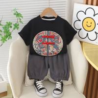 Baby boy summer suit Western style boy short-sleeved new Chinese style heavy embroidery two-piece baby clothes children's clothing  Black