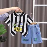 ملابس أطفال لعام 2023 تي شيرت صيفي للأولاد بأكمام قصيرة تي شيرت مخطط على الطراز الكوري ملابس أطفال يابانية عصرية  أسود