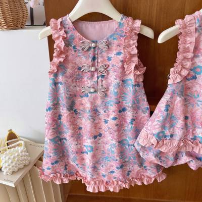 Girls Chinese style suit 2024 new summer new Chinese style female baby lace sleeveless top fashionable shorts two-piece suit