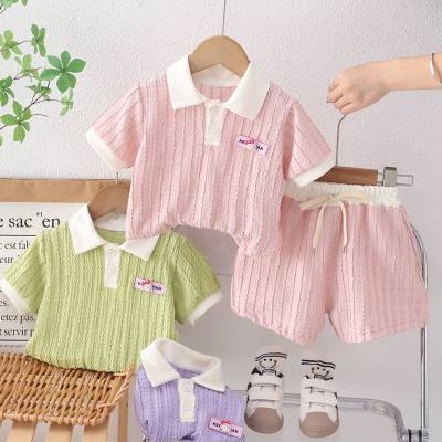 New summer suit for baby girls, two-piece vertical stripe placket shirt