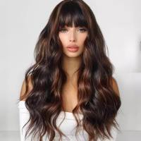 Burgundy bangs, big waves and waist-length curly hair, temperament and fashionable wig full head hairstyle  Style 1