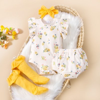 Body floral manga plissado de 4 peças para bebê menina e super shorts com faixa para a cabeça e meias