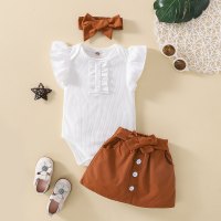 Baby Solid Colour Ruffle Romper & Laced Overall Skirt With Headband  Brown