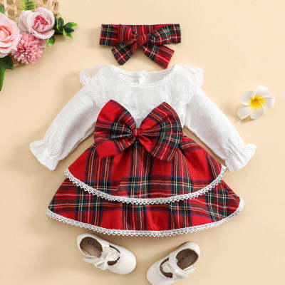Toddler Color-block Plaid Printed Bowknot Decor Ruffled Sleeve 2 In 1 Dress with Headband