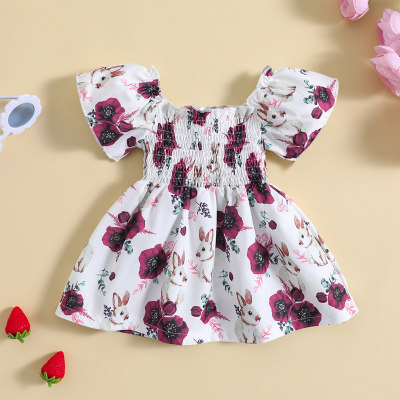 Baby Girl Bunny and Rose Printed U Neck Short Fly Sleeve Dress
