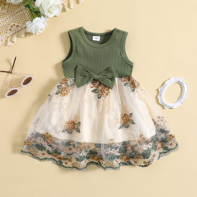 Baby Girl Color-block Floral Embroidery Mesh Patchwork Bowknot Decor Sleeveless Dress