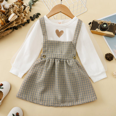 Toddler Heart-shaped T-shirt & Plaid Overalls Dress