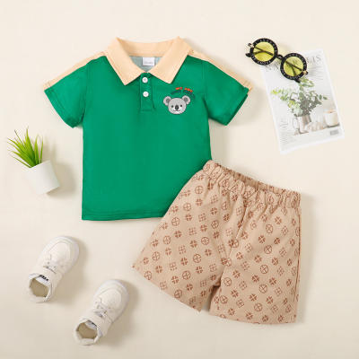 2-piece Toddler Boy Color-block Short Sleeve Polo Shirt & Allover Printing Shorts