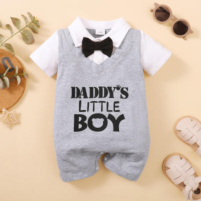 Baby Boy Color-block Patchwork Letter Printed Bowtie Decor Polo Collar Short Sleeve Boxer Romper