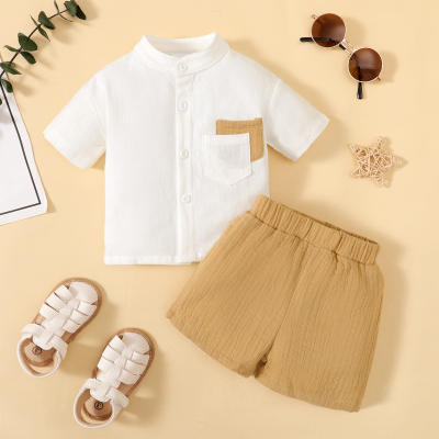 2-piece Baby Boy Color-block Stand Up Collar Short Sleeve Shirt & Solid Color Shorts