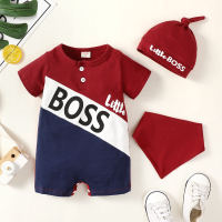 Baby Color-block Letter Printed Short Sleeve Boxer Romper & Bibs With Hat  Red