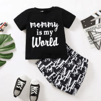 2-piece Toddler Boy Letter Printed Short Sleeve T-shirt & Allover Printing Shorts  Black