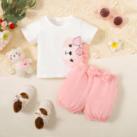 Baby Girl Cute Bear Pattern T-shirt & Solid Color Shorts  White