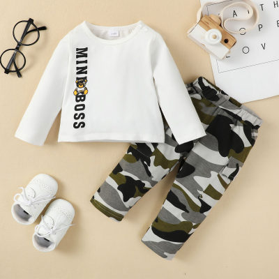 Baby Letter Solid Color T-shirt & Camouflage Pants