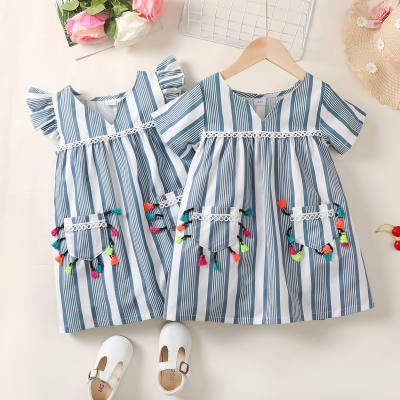 Brother and Sister Striped Fly Sleeve Dress & Matching Short Sleeve Dress