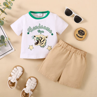 Camiseta de manga curta com estampa de letras e tigres para bebês de 2 peças e shorts de cor sólida