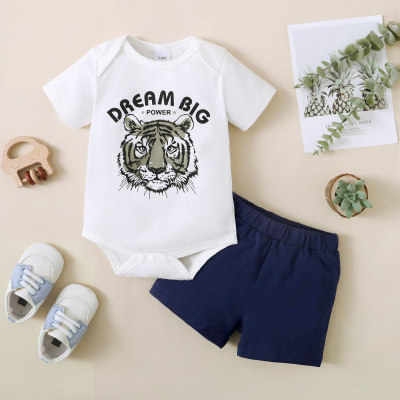 Macacão de manga curta com estampa de letras e tigres de 2 peças para bebês e shorts de cor sólida