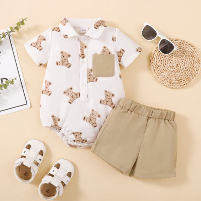 Body de bebé niño de 2 piezas con patrón de oso y pantalones cortos de color sólido