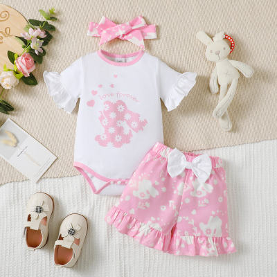 3-piece Baby Girl Bunny Printed Short Flare Sleeve Romper & Allover Printing Bowknot Decor Shorts & Headwrap