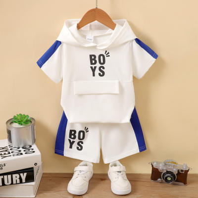 2-piece Toddler Boy Color-block Letter Printed Short Sleeve Hoodie & Matching Shorts