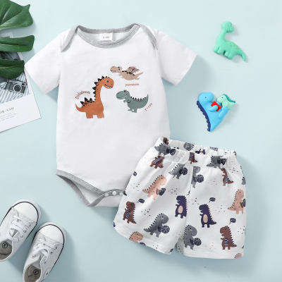 Macacão de manga curta com estampa de dinossauro de 2 peças para bebê menino e short estampado completo