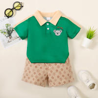 2-piece Toddler Boy Color-block Short Sleeve Polo Shirt & Allover Printing Shorts  Green