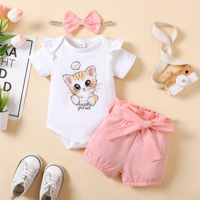 3-piece Baby Girl Cat Printed Short Fly Sleeve Romper & Solid Color Bowknot Decor Shorts & Headwrap