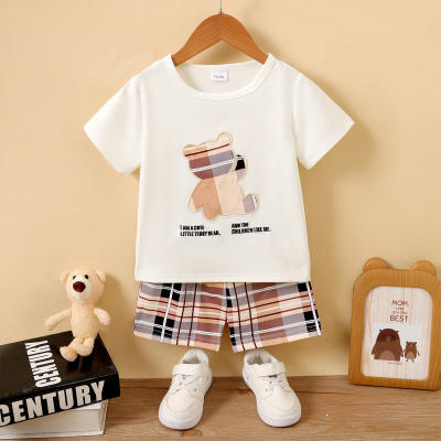 2-piece Toddler Boy Plaid Bear Printed Short Sleeve T-shirt & Plaid Shorts