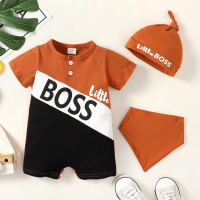 Baby Color-block Letter Printed Short Sleeve Boxer Romper & Bibs With Hat  Khaki