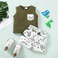 2-piece Baby Boy Dinosaur Printed Vest & Allover Printing Shorts  Army Green