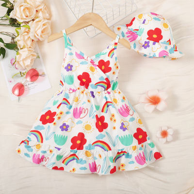 2-piece Toddler Girl Allover Floral Printed Strap Dress & Matching Hat