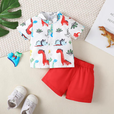 2-piece Baby Boy Allover Dinosaur Printed Short Sleeve Shirt & Solid Color Shorts